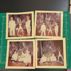 Vintage found photo snapshots 1962 two children Christmas morning tree siblings